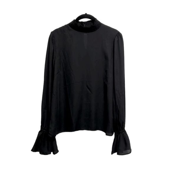 The Impeccable Pig Black mockneck blouse with bell sleeves women’s size medium - Picture 1 of 7